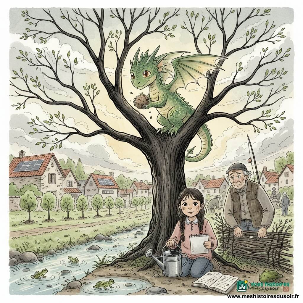 Liri, petit dragon aux écailles vert amande tachetées et yeux ambre, posé sur une branche de chêne, dépose une boule de terre et de graines, ailes semi-ouvertes; Maya, fillette de onze ans au visage barbouillé de terre et cheveux en tresse, agenouillée au pied de l'arbre, carnet ouvert et arrosoir métallique, regard concentré; Henri, vieux pêcheur au visage buriné, veste de laine et canne posée à côté, debout près de la rive, aide à fixer une barrière de branchages; en arrière-plan le village de Rochebleue aux maisons de pierre et toits de tuiles rouges, l'école avec quelques panneaux solaires, allées boueuses et jeunes pousses alignées; au premier plan une rivière peu profonde entre cailloux, eau claire et petites mares où coassent des grenouilles; après la tempête les habitants replantent et réparent — semer, arroser, calfeutrer — sous un ciel qui se dégage, lumière dorée filtrant entre les nuages; style : traits d'encre libres, textures lavées, contrastes doux et touches limitées de couleur (vert tendre, ambre, rouge tuile), composition centrée sur l'arbre, le dragon et la fillette.