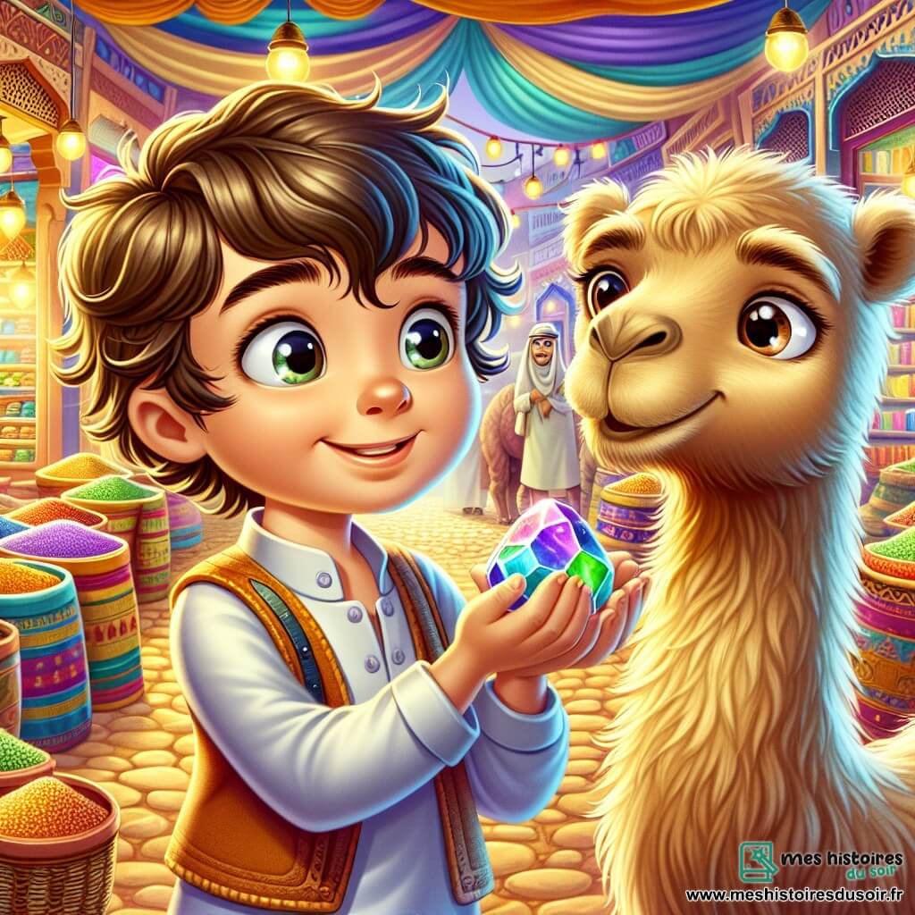 Un petit garçon de 4 ans, Lucas, avec des cheveux bruns en désordre et de grands yeux curieux, tient une pierre brillante dans ses mains, souriant émerveillé. À ses côtés, Samy, un chameau amical aux yeux doux et au pelage beige doré, le regarde avec bienveillance. Ils se trouvent dans un marché coloré de Dubaï, entourés de stands d'épices vives, de tissus chatoyants et de lanternes scintillantes. La scène est joyeuse et magique, alors que Lucas admire la pierre étincelante, rêvant d'aventures.