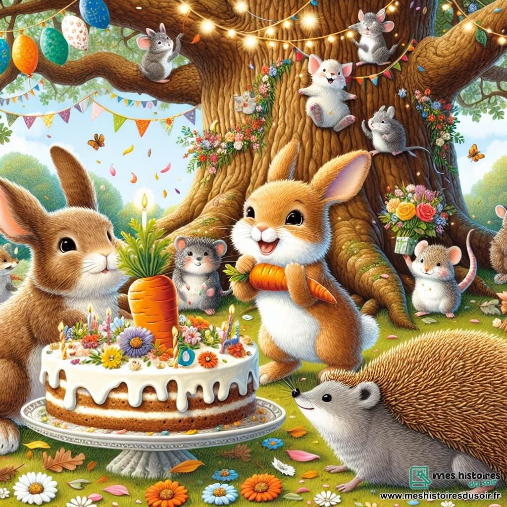 Illustration d'un petit lapin caramel aux grandes oreilles et aux yeux malicieux, souriant en coupant un gâteau en forme de carotte, entouré de fleurs colorées. À côté, un hérisson aux piquants dorés rit en essayant d'attraper une part de gâteau. Une petite souris grise se cache derrière un buisson, prête à surprendre le lapin avec un cadeau. La scène se déroule sous un grand chêne décoré de guirlandes et de ballons, sur un sol tapissé de feuilles et de pétales, créant une ambiance festive. Le lapin célèbre son anniversaire avec ses amis, partageant rires et douceurs, tandis que la lumière du soleil filtre à travers les feuilles. Des éléments graphiques incluent des guirlandes, des ballons, un gâteau décoré et des étoiles scintillantes dans le ciel.