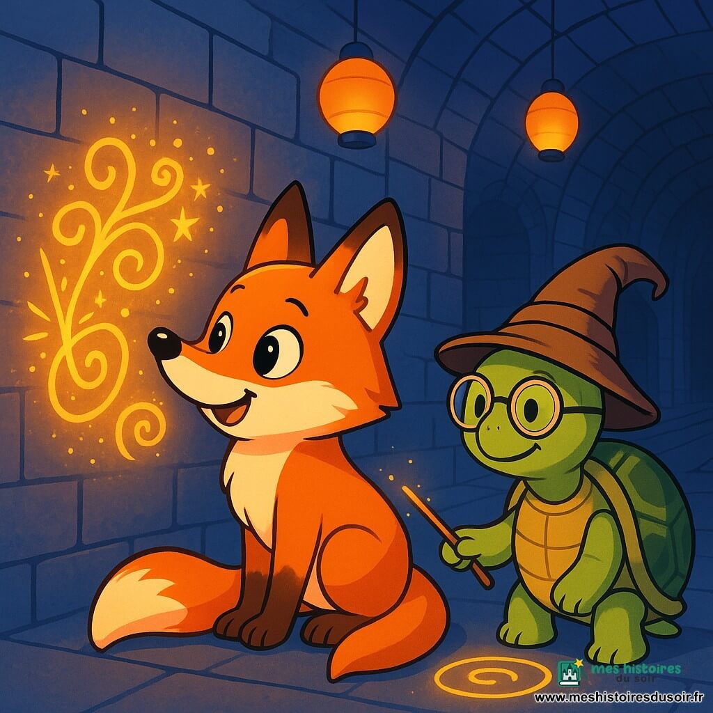 Un renard roux nommé Lune, avec une fourrure éclatante et des yeux curieux, se tient devant un mur gris où un gribouillis magique brille d'une lumière dorée. Émerveillé, il renifle le dessin, ses oreilles dressées et sa queue enroulée autour de ses pattes. À côté, une vieille tortue sage, portant un chapeau tordu et des lunettes rondes, trace des spirales sur le sol avec un bâton scintillant, affichant un sourire bienveillant. Le lieu est une gare souterraine magique, avec des murs en briques anciennes et des lampions flottants. Lune découvre le gribouillis lumineux, prêt à plonger dans une aventure enchantée, tandis que la tortue lui révèle le secret de la magie cachée dans la ville.