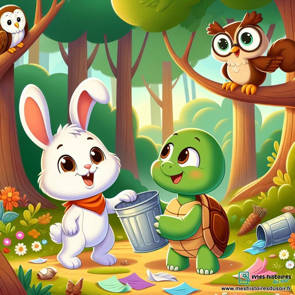 Petit Lapin, un lapin aux grandes oreilles et à la fourrure blanche, ramasse des papiers colorés avec ses petites pattes. À ses côtés, Tortue, une tortue verte avec une carapace marron, tient une canette et sourit. Hibou, perché sur une branche, les observe avec curiosité, tandis qu'Écureuil, un écureuil roux, ramasse un mouchoir tout excité. La scène se déroule dans une forêt enchantée, avec de grands arbres, des fleurs colorées et un doux soleil. Petit Lapin et ses amis travaillent ensemble pour nettoyer la forêt, la rendant plus belle et propre.