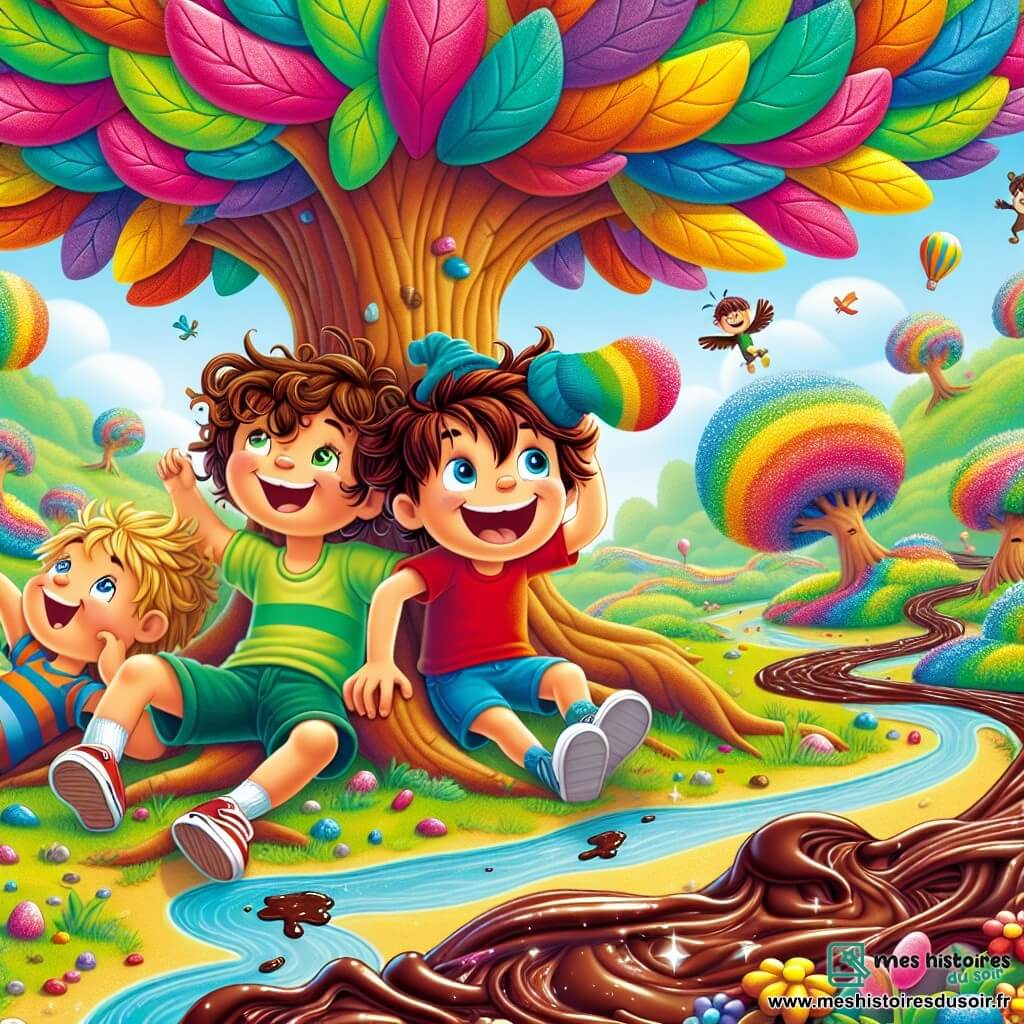 Trois garçons, Léo (8 ans, cheveux bruns en bataille, t-shirt rouge et short bleu), Max (7 ans, cheveux blonds et bouclés, t-shirt vert et sandales) et Tom (6 ans, cheveux châtains, t-shirt rayé et pantalon court), sont assis sous un grand chêne magique aux feuilles multicolores. Léo rit avec une chaussette géante sur la tête, Max fait une grimace amusante, et Tom, souriant, pointe la rivière en chocolat à côté d'eux. Ce monde fantastique est rempli de couleurs vives, avec des arbres dansants, des oiseaux en lunettes de soleil et une rivière scintillante. Des ballons flottent et des fleurs souriantes les entourent. Les garçons, émerveillés, découvrent la chaussette géante qui les a transportés dans cet univers loufoque, prêts pour une aventure pleine de rires.