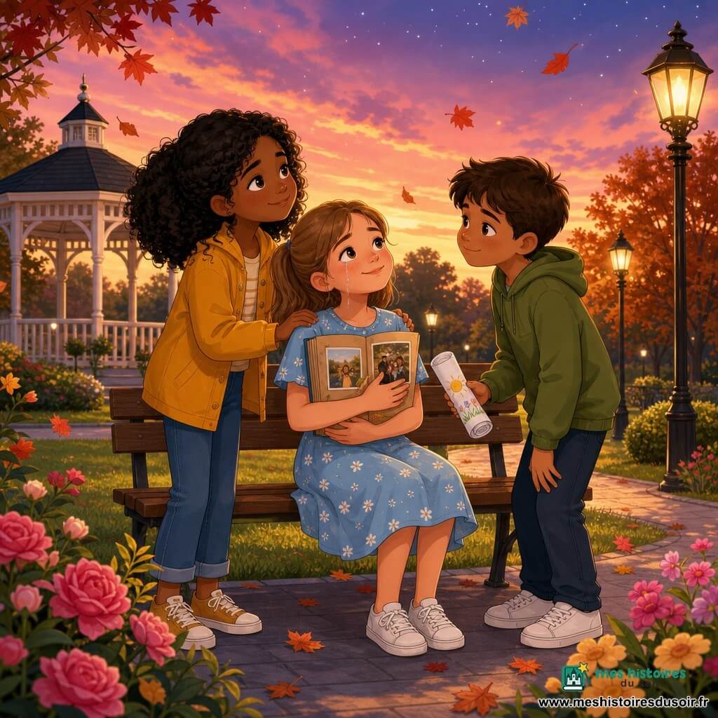 Trois enfants : Clara, ~11 ans, cheveux châtain clair en queue de cheval, robe bleu ciel à fleurs, assise au centre sur un banc en bois, tenant un album photo ouvert contre sa poitrine, sourire timide et larme sur la joue ; Emma, ~11 ans, cheveux bouclés noirs, veste jaune moutarde et jean, debout à gauche, main sur l’épaule de Clara, regard compatissant ; Lucas, ~11 ans, cheveux bruns courts, sweat vert olive et baskets blanches, debout à droite, légèrement penché vers Clara, lui offrant un petit dessin roulé. Scène : parc au crépuscule avec pelouse verte, allée pavée, kiosque blanc à l’arrière, lampadaires anciens diffusant une lumière chaude, massifs de fleurs roses et jaunes et quelques feuilles d’érable rouges et orangées tombant. Les trois regardent le ciel rose et doré du coucher de soleil, quelques étoiles apparaissent, des rayons dorés éclairent leurs visages ; atmosphère douce, apaisante, visuels nets et contrastes doux.