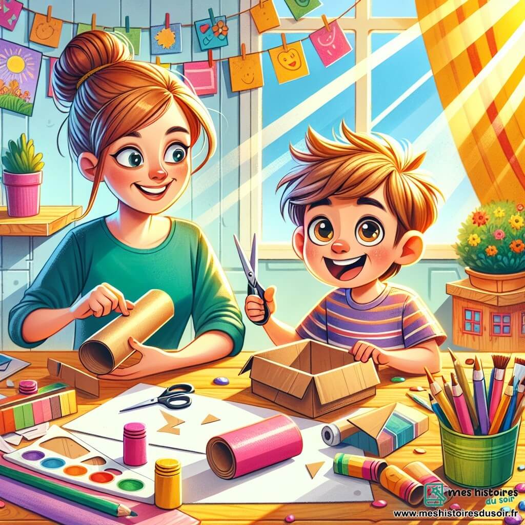 Un garçon de 6 ans, Lucas, avec des cheveux bruns en désordre et des yeux pétillants, est assis à une grande table en bois, entouré de cartons colorés et de feutres. Il sourit, tenant un rouleau de papier et des ciseaux, prêt à construire sa ville en carton. Sa maman, une femme d'une trentaine d'années avec des cheveux châtains en chignon, l'encourage avec un sourire, tenant une boîte de carton vide. La scène se déroule dans une cuisine lumineuse, avec des rayons de soleil filtrant à travers la fenêtre, illuminant les murs décorés de dessins d'enfants. Lucas découpe des formes dans le carton pour créer des maisons et des routes, tandis que sa maman l'observe avec fierté, prête à l'aider. L’atmosphère est joyeuse et créative, illustrant le début d'une aventure estivale pleine d'imagination.