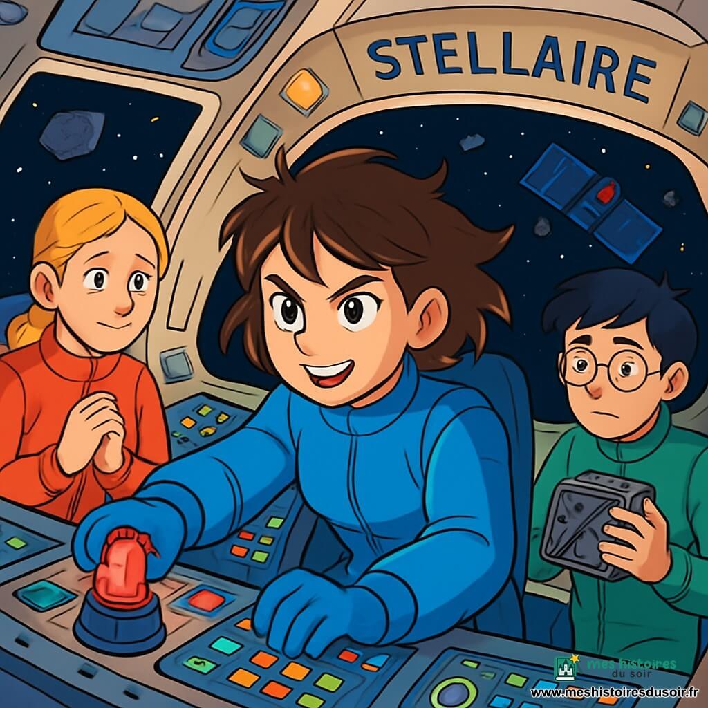 Une jeune femme, Lina, flotte dans la cabine de son vaisseau spatial, le "Stellaire". Elle a des cheveux bruns en bataille et porte une combinaison spatiale bleue brillante. Son visage exprime une détermination intense. Elle manipule des commandes sur le tableau de bord, entourée de lumières clignotantes et d'écrans affichant des données. À ses côtés, deux astronautes sont présents : une femme d'environ 30 ans, avec des cheveux blonds tressés et une combinaison rouge, qui regarde Lina avec gratitude, et un jeune homme de 25 ans, aux cheveux noirs et aux lunettes rondes, qui examine un appareil endommagé, l'air préoccupé. Le module spatial est en perdition, flottant dans l'immensité de l'espace, avec des astéroïdes en arrière-plan. Des panneaux solaires sont endommagés et une balise de détresse clignote faiblement. Lina est en train de réparer la balise de détresse, déterminée à sauver ses compagnons perdus dans l'espace.