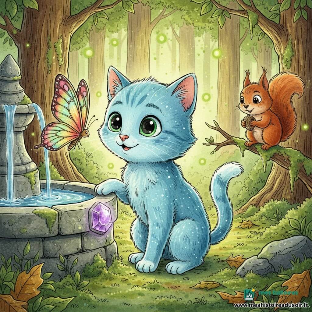 Un petit chat nommé Mistral au pelage bleu ciel scintillant et aux yeux verts émeraude pose sa patte sur une améthyste violette brillante; un papillon aux ailes arc-en-ciel est posé sur son museau à gauche, et un écureuil roux tenant une noix l'observe depuis une branche à droite; la scène se déroule dans une clairière enchantée de grands arbres moussus, lucioles et lumière verte dorée filtrant, autour d'une fontaine de pierre ancienne couverte de lichens avec l'améthyste en bordure — un instant magique où, touchant la pierre, le chat comprend la forêt et une douce lumière rayonne autour de lui.