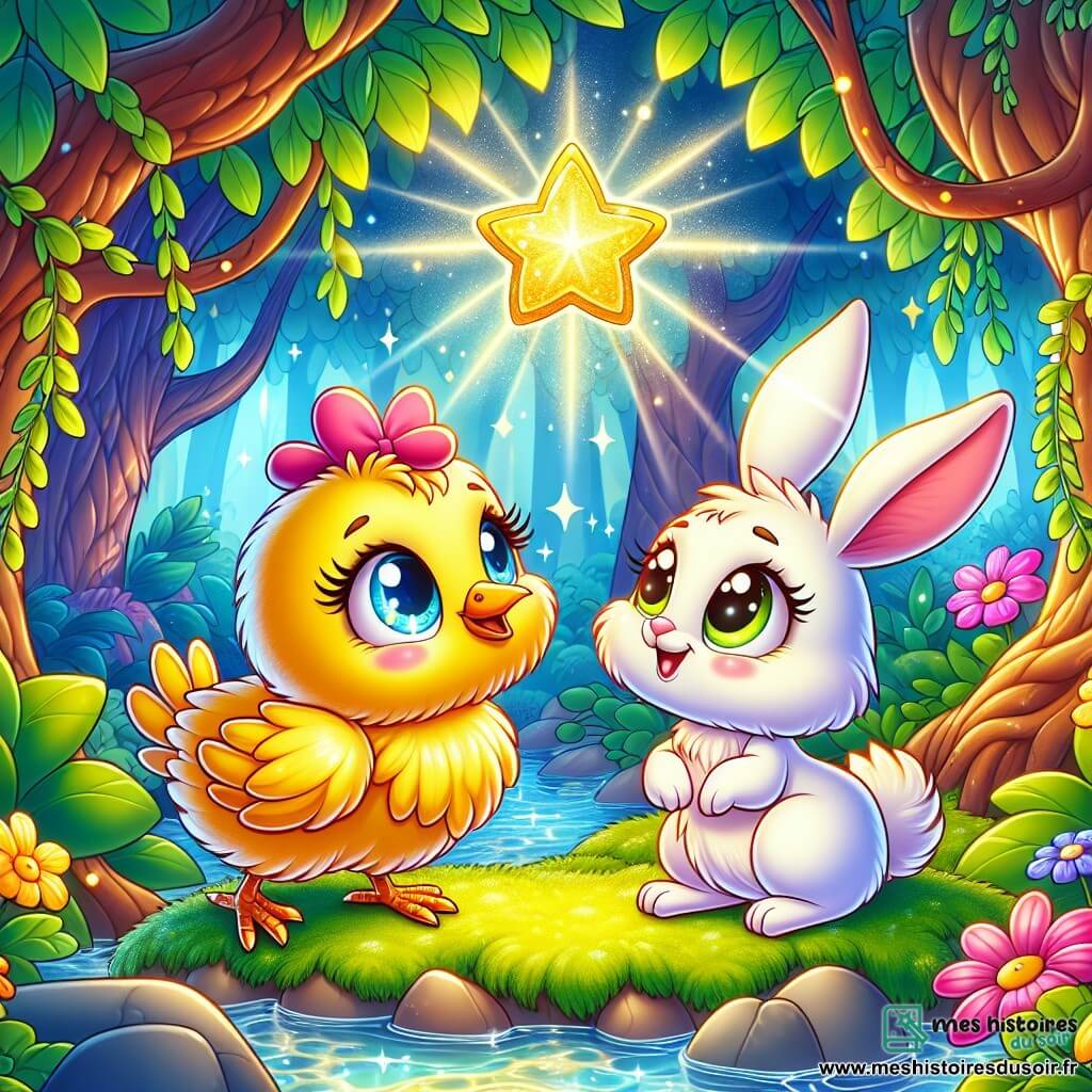 Une petite poule nommée Plumette, avec des plumes jaunes éclatantes et des yeux brillants, se tient au centre de la scène, le bec légèrement ouvert, montrant son excitation. À ses côtés, un petit lapin blanc nommé Curly, aux grandes oreilles, regarde Plumette avec admiration, prêt à l'accompagner. Ils se trouvent dans une forêt enchantée, remplie d'arbres tordus et de feuilles vibrantes, où des fleurs colorées dansent. Un ruisseau clair serpente à travers le paysage, murmurant des mélodies joyeuses. Plumette et Curly sont devant une étoile brillante sur un lit de mousse douce, illuminant la scène d'une lumière dorée. Ils sont prêts à découvrir le trésor de l'amitié, entourés de la magie de la forêt.
