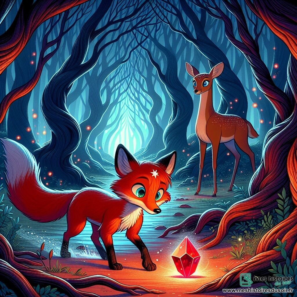 Un jeune renard nommé Roussel, avec une fourrure orange vif et une tache blanche en forme d’étoile sur le front, se tient au centre d'une clairière mystérieuse, son regard déterminé mais inquiet. Ses yeux brillent d'aventure alors qu'il scrute une lueur rougeâtre émanant d'une pierre précieuse au sol. À proximité, une biche aux yeux bleus éclatants et au pelage brun doré observe Roussel avec bienveillance, son expression douce et encourageante. La clairière se trouve dans la Forêt Sombre, entourée d'arbres aux troncs sombres et noueux, avec des feux follets dansant autour, créant une atmosphère magique. Roussel est prêt à affronter ses peurs pour découvrir le Rubis Écarlate, tandis que la biche l'encourage, symbolisant courage et sagesse.