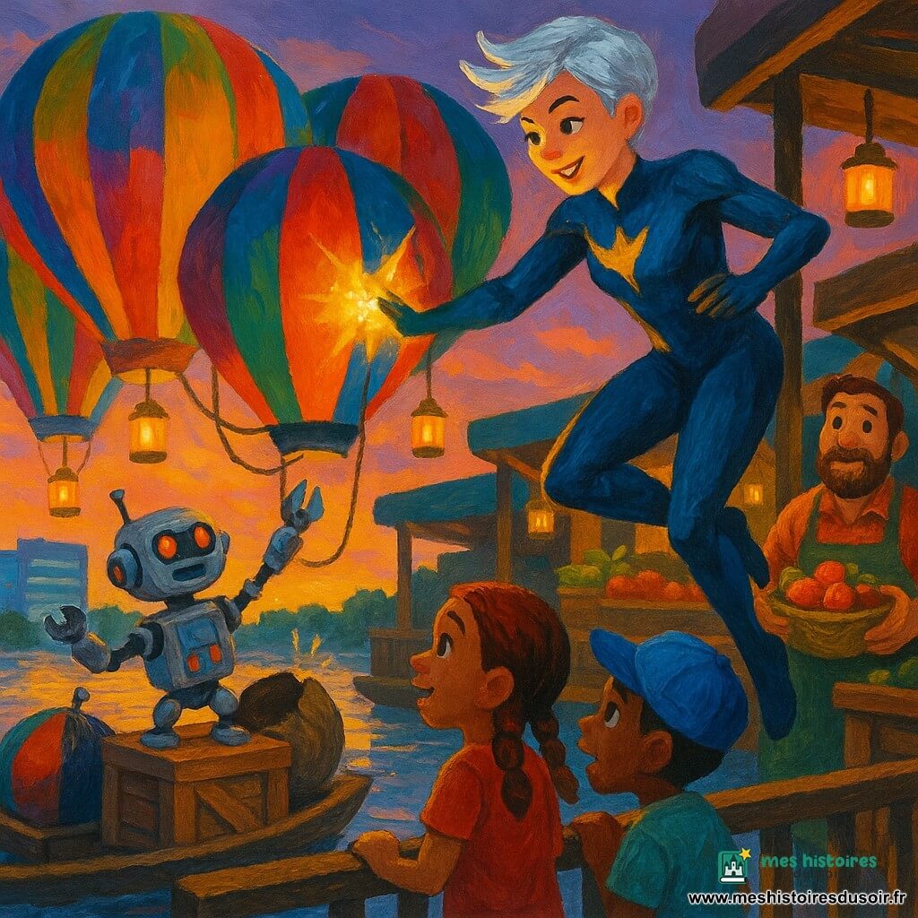 Stella Nova, super-héroïne aux cheveux courts argentés, souriante mais concentrée, vole au-dessus d’un marché flottant et scelle d’une lueur magique un petit trou dans une montgolfière tandis que Micro, petit robot en métal poli, applique un patch, Marco, marchand barbu d’une quarantaine d’années, tient une corbeille de fruits, soulagé, et deux enfants aux tresses rouges et en casquette bleue observent émerveillés depuis une passerelle; lanternes, caisses en bois et grandes montgolfières multicolores se reflètent dans le lac au crépuscule.
