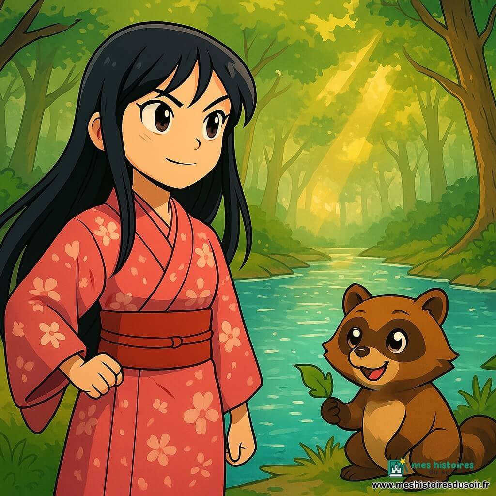 Yuki, une jeune femme aux longs cheveux noirs, porte un kimono traditionnel orné de cerisiers en fleurs. Son visage exprime détermination et douceur, tandis qu'elle se tient au bord d'une rivière scintillante. À ses côtés, un tanuki espiègle joue avec une feuille. En arrière-plan, une forêt dense avec des arbres majestueux et des rayons de soleil créent une ambiance magique. Yuki est prête à traverser la Rivière des Larmes pour recueillir l'eau sacrée et sauver son village de la sécheresse.
