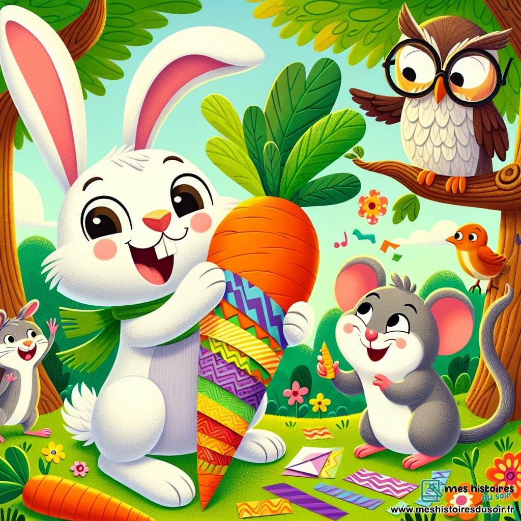 Léo, un lapin au pelage blanc et aux grandes oreilles, sourit en tenant une carotte en papier coloré, tandis que Mina, une petite souris grise, colle des morceaux de papier dessus en riant. Oscar, un hibou sage aux plumes brunes et lunettes rondes, lit des instructions depuis une branche proche. Ils se trouvent dans une clairière ensoleillée, entourée d'arbres et de fleurs, avec des animaux curieux les observant. Ensemble, ils créent leur carotte en papier pour une compétition de créativité, remplis d'excitation et de rires.