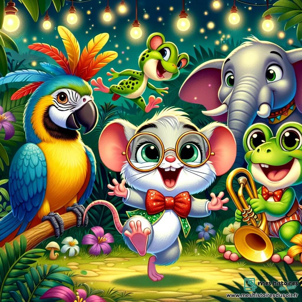 Gustave, une petite souris avec un nœud papillon rouge et des lunettes rondes, est au centre de l'image, sautillant de joie avec un grand sourire. À côté de lui, Coco, un perroquet aux plumes éclatantes, est perché sur une branche, prêt à annoncer le début de la fête. Léon, une grenouille verte, saute joyeusement, tandis qu'Édouard, un éléphant gris, joue de la trompette avec un sourire amical. La scène se déroule dans une jungle tropicale du zoo, illuminée par des lucioles, entourée de feuilles luxuriantes et de fleurs colorées. Gustave et ses amis dansent dans une ambiance festive, avec de la musique et des rires.