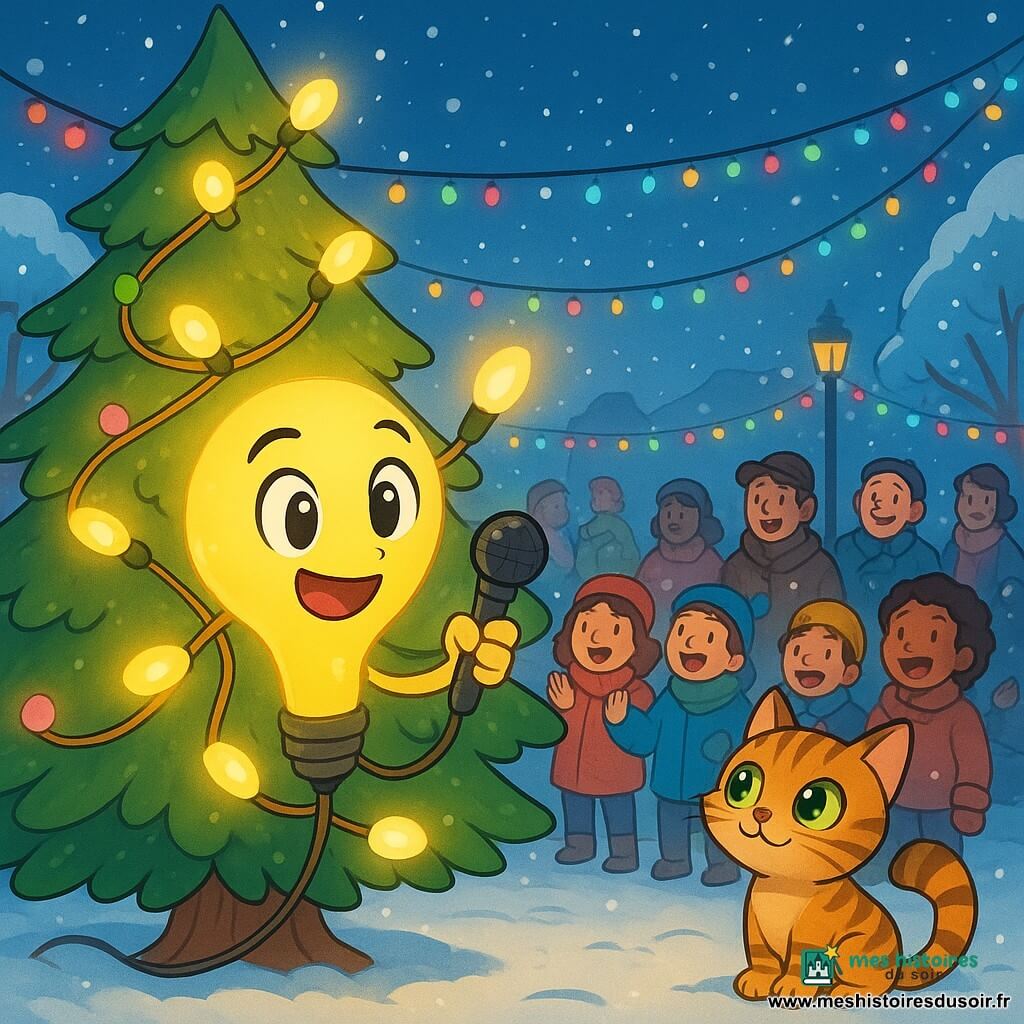 Lumi, une guirlande lumineuse scintillante, est enroulée autour d'un grand sapin de Noël, émettant une douce lumière dorée. À côté, Moustache, un chat tigré aux yeux verts, observe avec curiosité. La scène se déroule sur une place enneigée, illuminée par des guirlandes colorées, avec des flocons de neige tombant doucement, créant une ambiance magique. Lumi se prépare à parler au micro, entourée d'enfants joyeux qui chantent et rient, tandis que des adultes se rassemblent autour, impatients d'écouter son message de gratitude.