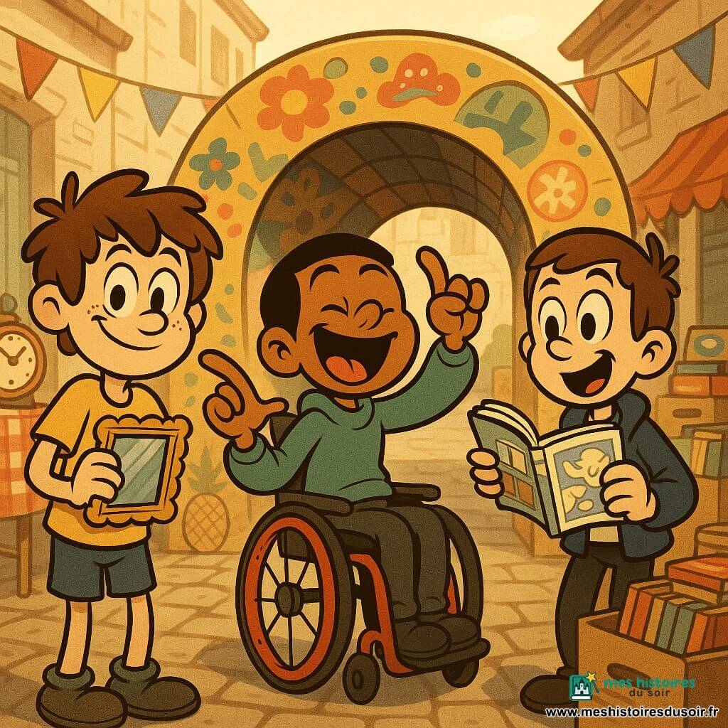 Trois garçons de 11 ans posent devant l’entrée d’un tunnel sonore en carton peint de graffitis sur une place de vide‑grenier en plein jour : Léo (cheveux bruns en bataille, t‑shirt jaune taché) tient un petit miroir doré et sourit malicieusement à gauche, Maxime (cheveux châtains courts, veste bleu marine) rit en tenant une bande dessinée à droite, et Sami (peau mate, cheveux noirs courts), assis au centre dans un fauteuil roulant moderne aux jantes rouges, dirige de la main comme un chef d’orchestre; ils s’apprêtent à faire un “pouet” synchronisé pour rompre une chaîne de bâillements, dans un style rubber hose aux couleurs vives, contours souples, textures lisses, ambiance comique et chaleureuse, stands à nappes à carreaux et cartons d’objets rétro en arrière‑plan.