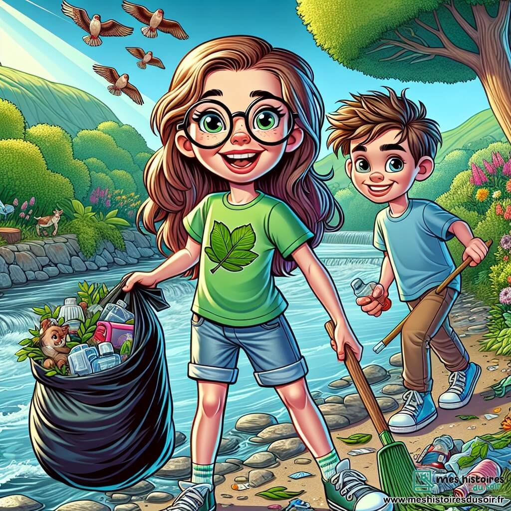 Léa, une fille de 10 ans aux longs cheveux bruns et lunettes rondes, sourit en tenant un sac-poubelle rempli de déchets. Elle porte un t-shirt vert avec un dessin de feuille et un short en jean. À ses côtés, un garçon aux cheveux ébouriffés et t-shirt bleu l'aide à ramasser des déchets, souriant. Ils sont au bord d'une rivière, entourés de verdure, d'arbres majestueux et de fleurs colorées. La scène montre leur action de nettoyage, avec des oiseaux volant au-dessus et un ciel bleu éclatant, soulignant l'importance de protéger la nature.