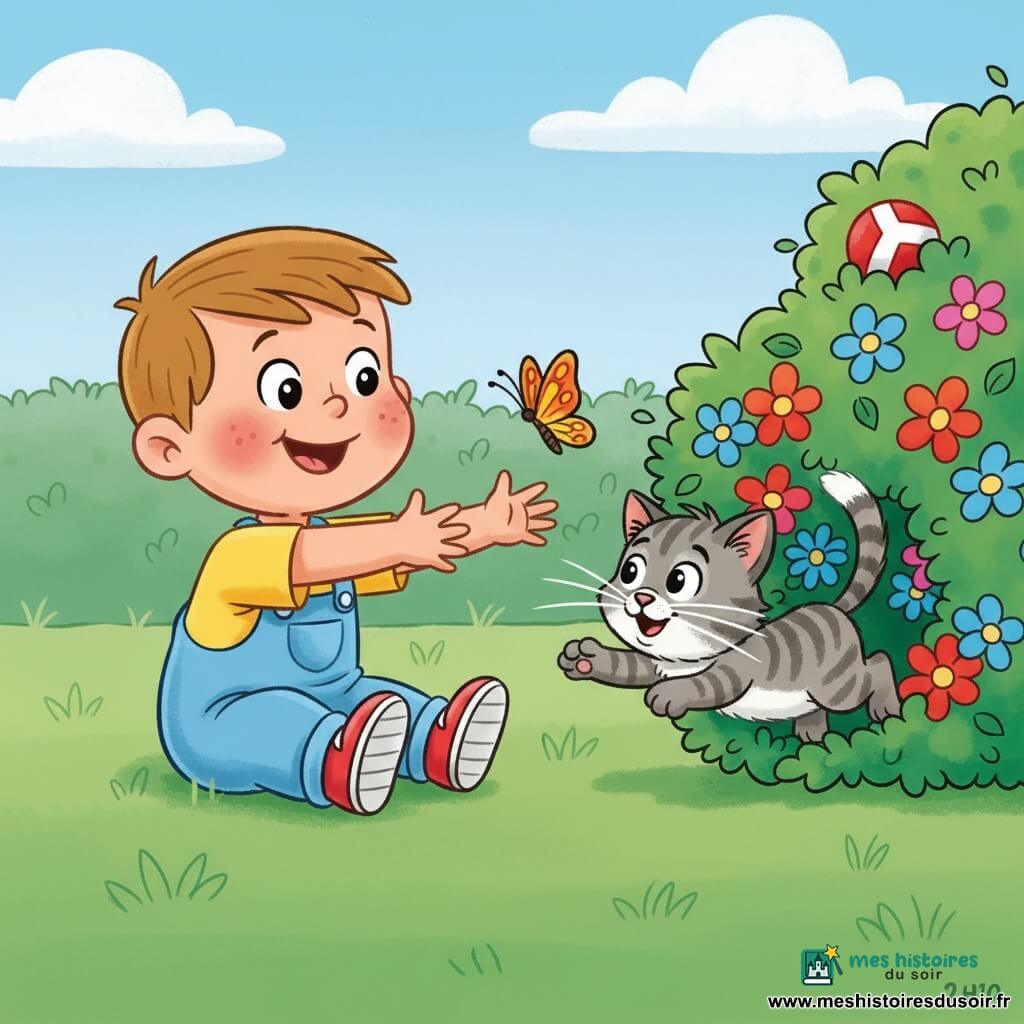 Un garçon de 2 ans, joyeux, en salopette bleu clair, t‑shirt jaune et petites chaussures rouges, est assis sur l'herbe verte et tend les bras vers un papillon orange et jaune; près d'un buisson fleuri, le chaton gris tigré nommé Moustache, joueur, bondit vers le papillon, une balle rouge est coincée dans le feuillage; jardin lumineux aux fleurs colorées, haie verte et ciel bleu avec quelques nuages, ambiance joyeuse et style dessin animé chaleureux à couleurs saturées et contours doux.