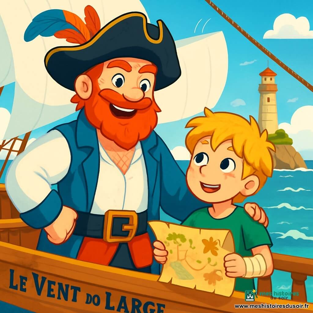 Un homme pirate à la barbe rousse, souriant, se tient sur le pont du navire "Le Vent du Large". Il porte un chapeau noir avec une plume colorée et une chemise blanche, ses yeux brillants de détermination. À ses côtés, un jeune garçon de 10 ans, Timothée, aux cheveux blonds en bataille et un bandage autour du bras, tient une carte au trésor. Le navire voguant sur une mer turquoise est entouré de voiles blanches et de vagues scintillantes. Un phare ancien se dresse sur une île rocheuse, sous un ciel bleu avec des nuages blancs. Le pirate Léon encourage Timothée, prêt à partir à l'aventure, tandis que l'équipage, excité, se regroupe autour d'eux.