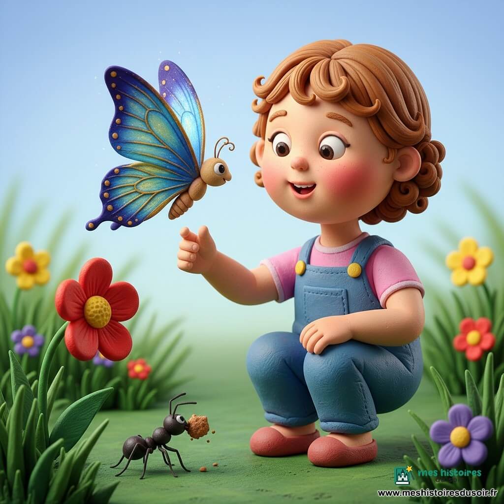 Une fillette de deux ans, joyeuse et émerveillée, cheveux courts châtain clair en petites boucles, joues rondes et grands yeux, tient délicatement un papillon irisť bleu et or au bout des doigts tandis qu'une petite fourmi noire porte une miette au pied d'une fleur ; le jardin lumineux — herbe verte, fleurs rouges, jaunes et violettes, ciel bleu pâle — forme l'arrière-plan, le papillon et la fourmi occupant le premier plan à côté d'elle.
