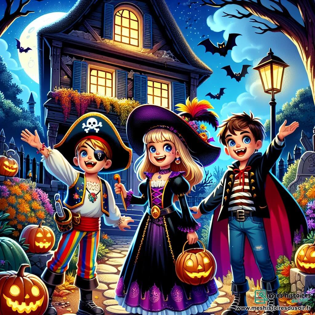 Un garçon de 12 ans, Lucas, se tient au centre de l'image, vêtu d'un costume de pirate coloré avec un chapeau noir à plumes et un faux sabre en plastique. À ses côtés, Clara, une fille de 11 ans déguisée en sorcière, l'encourage en levant les bras. Un peu en arrière, Tom, un garçon de 12 ans habillé en vampire, observe avec excitation. La scène se déroule devant une vieille maison hantée, couverte de toiles d'araignées, avec des citrouilles sculptées illuminées. La lune brille, projetant des ombres sur le jardin. Lucas, Clara et Tom sont prêts à entrer, leurs sacs à dos attendant d'être remplis de bonbons, dans une atmosphère à la fois effrayante et magique.