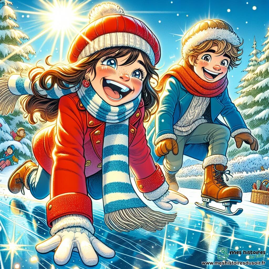Léa, une fille de 12 ans aux longs cheveux bruns et aux joues rosies par le froid, rit en glissant sur une glace scintillante. Elle porte un manteau rouge, des gants blancs et une écharpe rayée. À ses côtés, Max, un garçon de 12 ans aux cheveux blonds en bataille, s'apprête à sauter sur la glace, vêtu d'un manteau bleu et d'un bonnet en laine. Ils sont dans un jardin enneigé, entouré d'arbres couverts de neige, sous un soleil éclatant. La scène illustre leur aventure joyeuse sur la glace, créant des souvenirs inoubliables dans un décor hivernal.