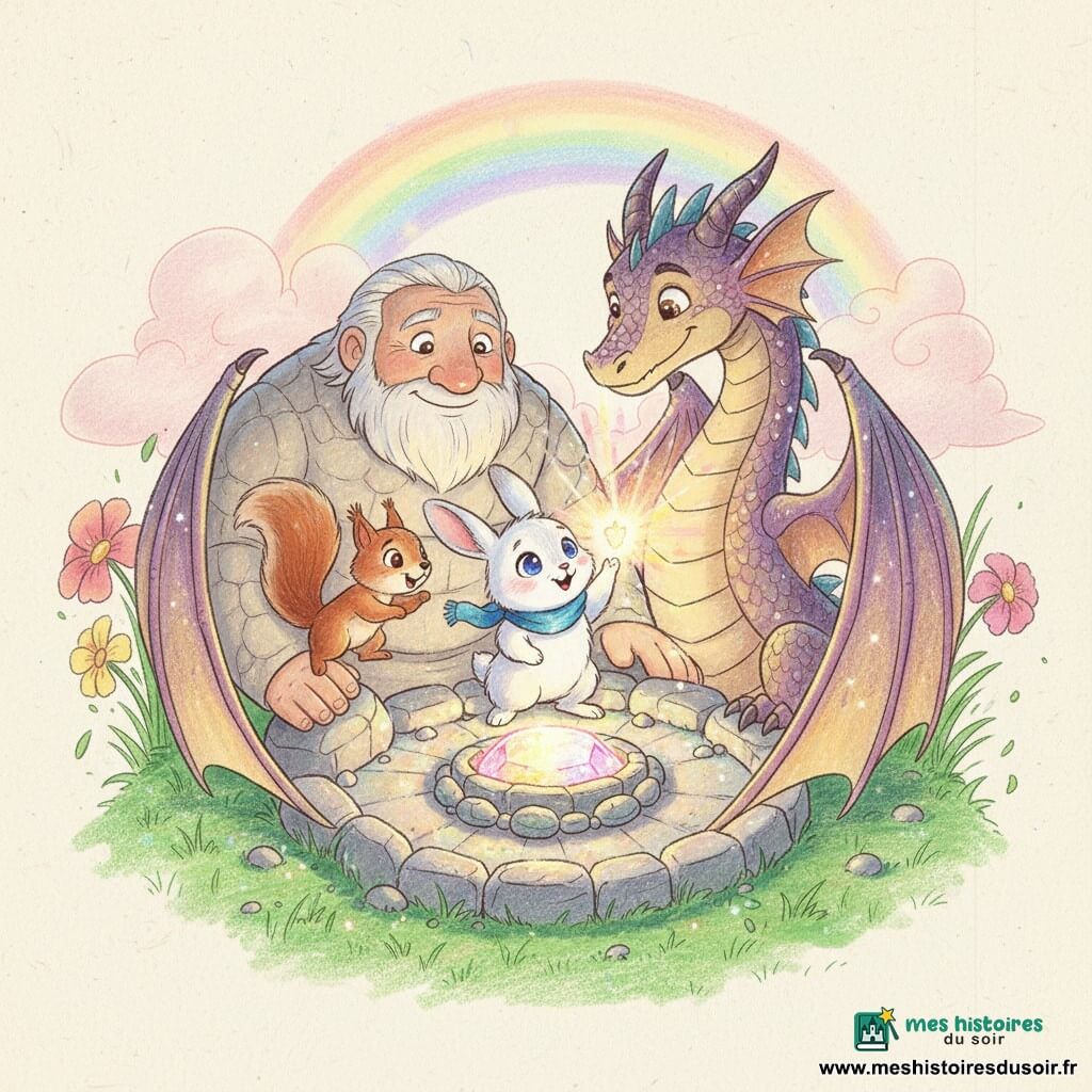Un petit lapin blanc aux yeux brillants, ému, debout sur ses pattes arrière et portant une écharpe bleue, contemple une gemme scintillante; à droite, un grand dragon aux écailles violettes et dorées protège en repliant ses ailes, un écureuil roux vif saute sur un rocher à gauche et un géant à la peau de pierre, agenouillé derrière la gemme, pose une main protectrice; le tout forme un cercle chaleureux autour de la vasque lumineuse au sommet d’une montagne de pierres scintillantes, sous un ciel rosé traversé d’un arc‑en‑ciel, avec quelques fleurs géantes, herbe ondulante et une atmosphère de joie et de magie apaisée.