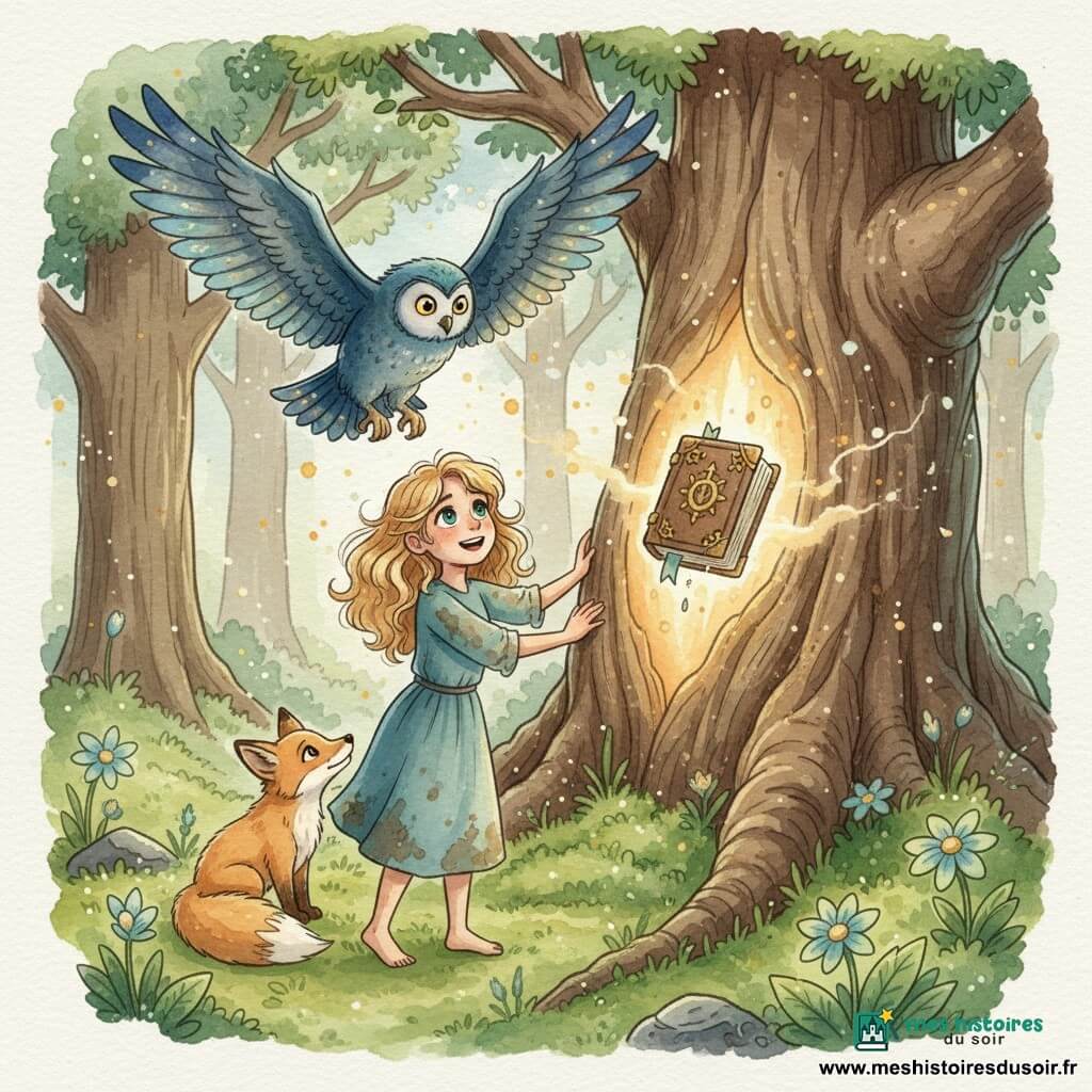 Lyra, apprentie sorcière de 8 ans aux cheveux ondulés couleur de blé et grands yeux émeraude, vêtue d'une robe bleu-vert tachée, pose les mains sur l'écorce d'un arbre colossal en respirant profondément pendant qu'Oréo, un grand hibou aux plumes bleu profond et yeux jaunes, plane au-dessus d'elle et qu'un petit renard doré, assis à côté, l'observe avec admiration ; la vallée secrète au sol couvert de mousse et de fleurs phosphorescentes, arbres aux troncs immenses et feuilles scintillantes baigne dans une lumière douce et de la poussière d'or pendant qu'un vieux grimoire cuir et or couvert de symboles brillants lévite hors du tronc, émettant une lueur chaude entourée d'éclats de lumière et de fines gouttelettes d'aquarelle suggérant la magie.
