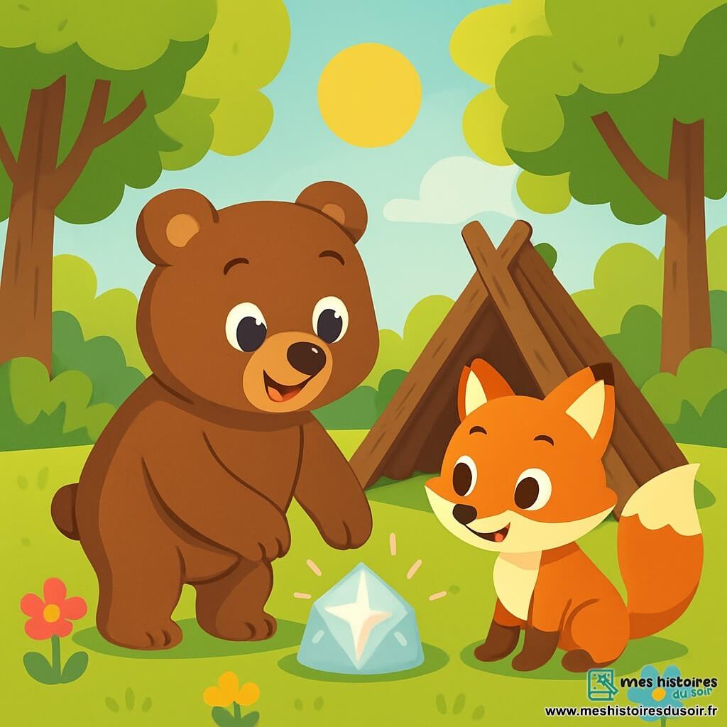Un ours brun nommé Oscar, avec un pelage doux et brillant, se tient au centre d'une clairière ensoleillée. Il a un regard curieux et un sourire joyeux en touchant une pierre brillante. À côté de lui, une petite renarde rousse nommée Lila, avec une queue touffue et des yeux malicieux, observe la pierre avec émerveillement. La clairière est entourée d'arbres majestueux et de fleurs colorées. Oscar et Lila reconstruisent une cabane en bois, ramassant des branches et riant ensemble, tandis qu'une légère brise fait bouger les feuilles.
