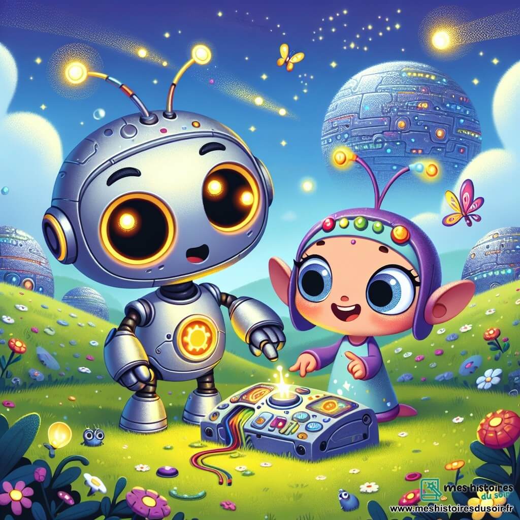 Zippy, un petit robot aux yeux brillants et au ventre émettant des bips joyeux, se tient au centre de la scène, montrant curiosité et émerveillement. Il découvre une machine mystérieuse, entouré de lumières clignotantes et de boutons colorés. À ses côtés, Lili, un extraterrestre mignon avec de grandes oreilles et une peau colorée, sourit avec enthousiasme en pointant la machine, prête à explorer chaque détail avec Zippy. Le décor est une prairie verdoyante, parsemée de fleurs et de papillons, sous un ciel bleu avec des nuages. Au loin, des collines métalliques scintillantes, typiques de la planète Mécanica. Zippy et Lili, émerveillés, réparent la machine cassée, unissant leurs talents pour faire briller la technologie et la magie de leur amitié sous le soleil radieux de la Terre.