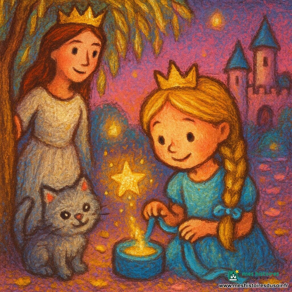 Princesse au centre, visage doux et concentré, yeux brillants et sourire timide, longs cheveux blonds tressés avec un ruban bleu, touchant un ruban de soie attaché à une petite boîte ronde; reine à gauche, posture fière et bienveillante, robe nacrée, main sur une branche du saule, regardant la princesse avec fierté; vieux chat gris à droite, petit et duveteux, frottant sa patte contre la robe de la princesse, yeux brillants; une petite étoile de lumière dorée s'élève de la boîte, formes douces et pétillantes; lieu sous un grand saule aux feuilles d’or et d’argent près d’un petit château aux tours rondes, sol couvert de pétales et lanternes suspendues, ciel crépusculaire violet et rose; situation : la princesse défait doucement le nœud, la boîte s’ouvre et une lumière chaleureuse monte, ambiance tendre, pastels saturés et textures de crayon gras, atmosphère sûre et enchantée.