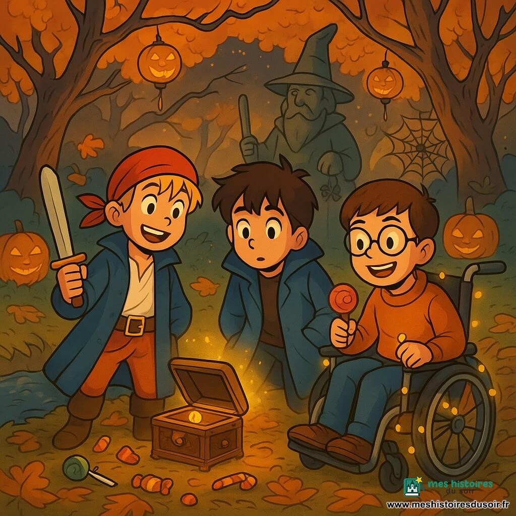Trois personnages se trouvent dans un parc mystérieux illuminé par des lanternes d'Halloween. Zen, un garçon de 11 ans aux cheveux bruns en bataille et au grand manteau bleu, observe les alentours. Malo, 10 ans, souriant avec des cheveux blonds, est en costume de pirate, prêt pour l'aventure. Théo, 11 ans, avec des lunettes rondes et assis dans un fauteuil roulant décoré de guirlandes lumineuses, sourit en tenant un bonbon. Au centre, une statue de magicien entourée de fausses araignées et de citrouilles souriantes se dresse parmi des arbres aux branches tordues. Les trois amis découvrent une boîte à musique oubliée au bord d'un ruisseau, dont la douce mélodie illumine leurs visages émerveillés, créant une ambiance festive et mystérieuse.