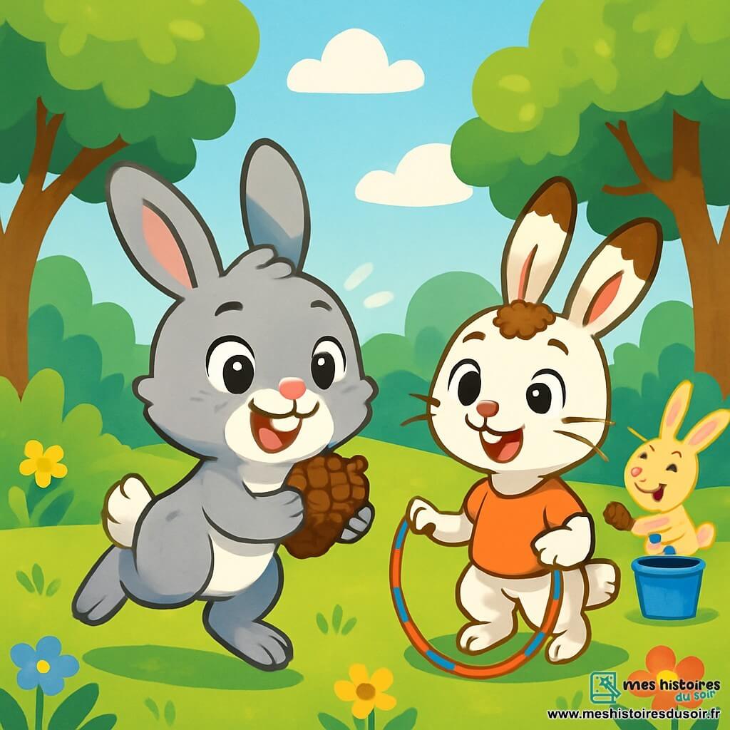 Un petit lapin nommé Léo, au pelage gris clair et une tache blanche sur le nez, saute de joie dans une clairière ensoleillée avec une pomme de pin. À ses côtés, Zoé, une lapine aux oreilles tachetées, sourit en tenant une corde à sauter colorée. Plus loin, Hugo, un lapin beige, rit en lançant une pomme de pin dans un seau. La clairière est entourée d'arbres aux feuilles vertes et de fleurs colorées, sous un ciel bleu parsemé de nuages. Léo et ses amis sont en pleine activité ludique, créant une ambiance joyeuse et amicale.