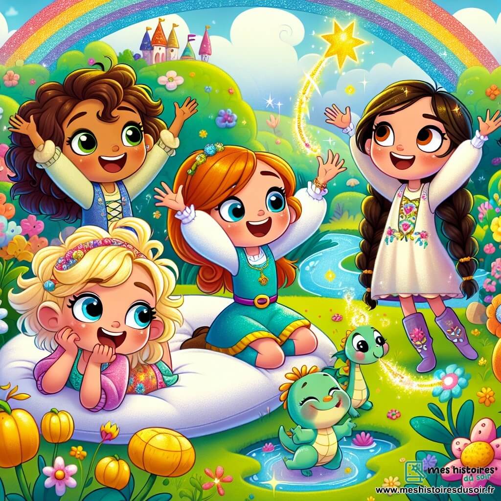 Quatre filles joyeuses se tiennent au bord d'un arc-en-ciel scintillant : Lila, 8 ans, avec des cheveux bruns bouclés, porte une robe colorée et s'étire sur un coussin moelleux. Zoé, 9 ans, aux cheveux dorés et en tunique bleu ciel, lève les bras, excitée. Clara, 8 ans, avec des cheveux roux et des lunettes, observe un petit dragon vert qui éternue des étincelles. Mia, 7 ans, avec des cheveux noirs tressés, danse joyeusement entourée de fleurs colorées. Le décor est une île magique avec des arbres aux fruits dorés, des rivières de chocolat et des nuages en forme de licornes. Les filles découvrent un coffre brillant au bout de l'arc-en-ciel, rempli de coussins moelleux, tandis qu'un chat parlant en rimes les observe.