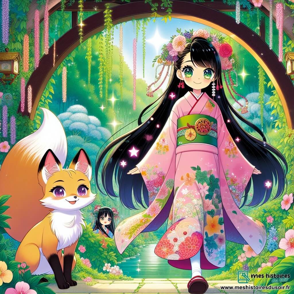 Au centre de l'image, Aiko, une jeune fille de douze ans, se tient émerveillée, avec de longs cheveux noirs et brillants, des yeux pétillants, portant un kimono traditionnel aux motifs floraux. Elle franchit une arche en bois couverte de lianes et de fleurs, symbolisant l'entrée du Jardin d'Émeraude. À ses côtés, Kitsu, un renard doré aux yeux malicieux, l'observe avec un sourire, prêt à l'accompagner. Le décor est un jardin luxuriant avec des plantes colorées, des arbres majestueux et un étang vert. Aiko, déterminée, s'apprête à entrer dans le jardin magique, tandis que Kitsu lui explique les épreuves à venir, créant une atmosphère d'aventure et de mystère.