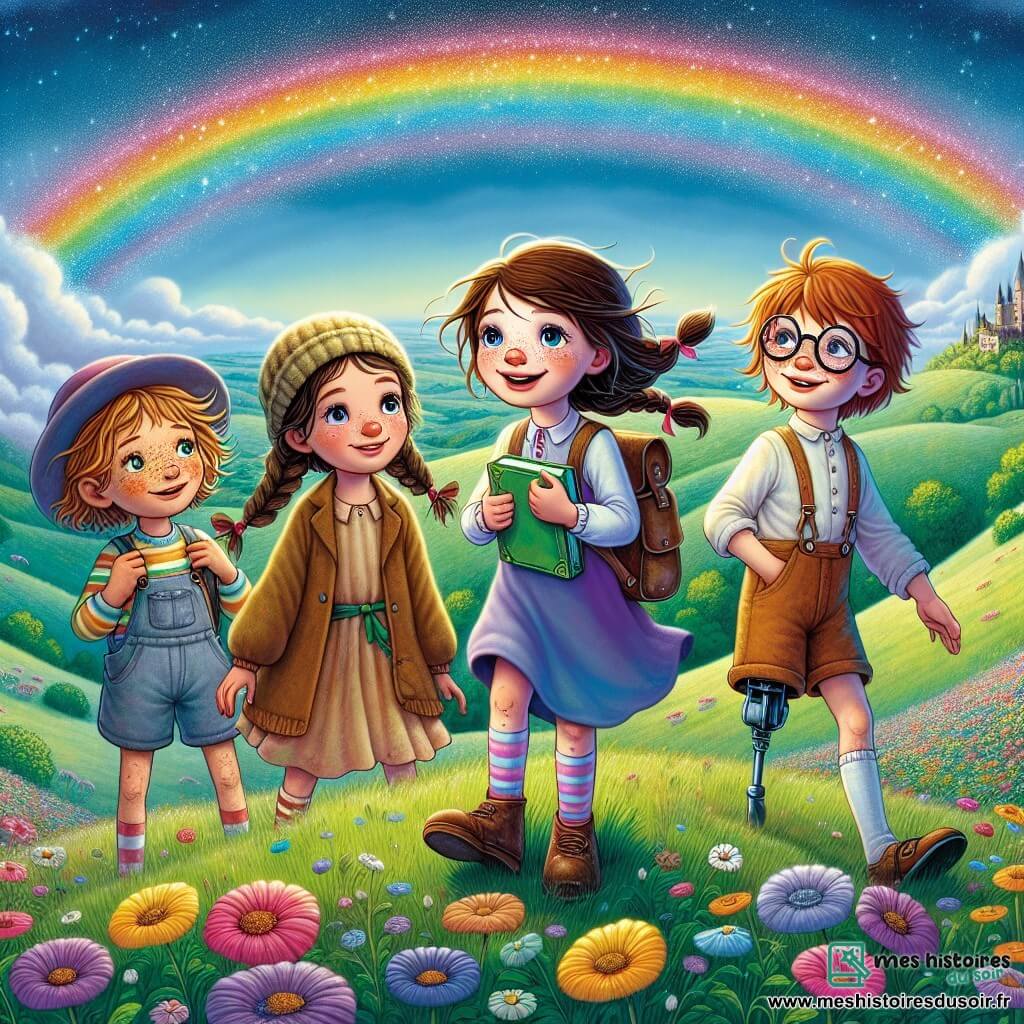 Au sommet d'une colline verdoyante, quatre amies se tiennent ensemble, prêtes pour l'aventure. Lou, 11 ans, avec des cheveux bruns en bataille et un sourire éclatant, pointe l'arc-en-ciel au-dessus d'elles. À sa droite, Clara, aux cheveux blonds tressés et lunettes rondes, regarde avec curiosité, un livre à la main. À gauche, Sophie, aux cheveux roux et aux taches de rousseur, admire les fleurs colorées. Enfin, Maëva, aux cheveux châtains et à la prothèse à la jambe, sourit avec détermination. Le paysage est enchanteur : ciel bleu, nuages cotonneux et champ de fleurs multicolores illuminé par le soleil. L'arc-en-ciel vibrant de couleurs semble toucher le sol, promettant des mystères. Les quatre amies se préparent à entrer dans le jardin des illusions, un monde magique où elles devront affronter des épreuves pour sauver les couleurs de l'arc-en-ciel, prêtes pour une aventure inoubliable.