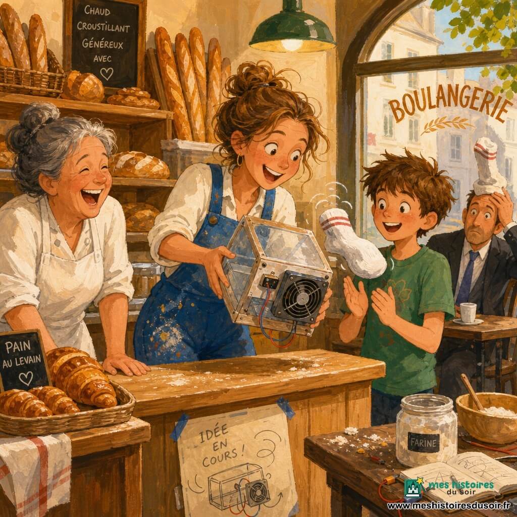 Femme inventrice souriante aux cheveux châtain clair en chignon désordonné, en salopette bleue tachée, présentant une boîte transparente bricolée avec petit ventilateur; garçon de 12 ans aux cheveux bruns en bataille, t-shirt vert, applaudit en tenant une chaussette volante; boulangère d'environ 50 ans aux cheveux gris en chignon et tablier blanc rit derrière le comptoir en bois entourée de pains; client sérieux d'environ 40 ans en costume, la chaussette posée sur la tête, surpris mais amusé; petite boulangerie chaleureuse avec étagères de baguettes et croissants, lumière chaude et ardoise à la craie; scène comique où l'invention garde la baguette mais envoie une chaussette voltiger; illustration à la gouache, couleurs vives, textures visibles et ambiance conviviale et humoristique.