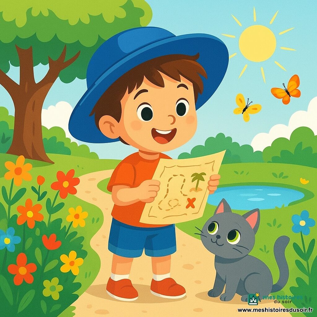 Un petit garçon de 4 ans, Tom, avec des cheveux bruns en bataille et un grand chapeau bleu, sourit avec des yeux pétillants d'excitation. Il tient une carte au trésor dans ses petites mains, debout sur un chemin de gravier. À côté de lui, une petite chatte grise nommée Mina se frotte contre sa jambe, regardant la carte avec curiosité. Le jardin est ensoleillé, rempli de fleurs colorées, d'un grand érable et d'une mare scintillante. Des papillons volent autour, ajoutant de la magie à l'environnement. Tom et Mina sont prêts à partir à l'aventure, cherchant le trésor caché, entourés de l'odeur des fleurs et du chant des oiseaux, dans une ambiance joyeuse.