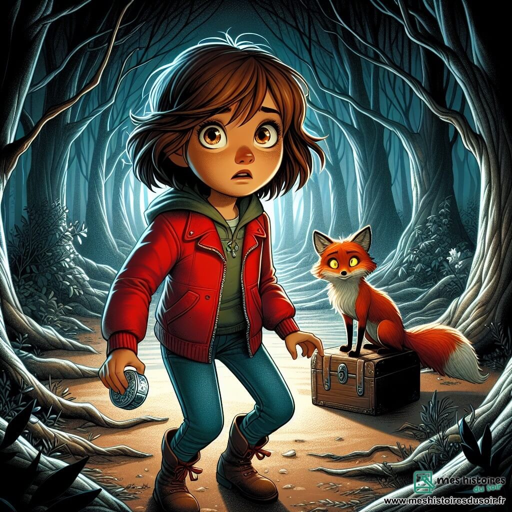 Dans une forêt sombre et mystérieuse, une fille de 11 ans, Léa, se tient au centre. Elle a des cheveux bruns en bataille, des yeux curieux et un léger tremblement de peur. Vêtue d'une veste rouge et d'un pantalon en jean, elle tient un médaillon argenté, regardant autour d'elle avec émerveillement et appréhension. Près d'elle, un renard aux yeux brillants et à la fourrure rousse l'observe avec curiosité, comme un guide. La forêt dense, avec des arbres tordus et des ombres dansantes, crée une atmosphère magique et inquiétante. Léa découvre un petit coffre en bois orné de symboles étranges, émettant une lueur douce. La tension est palpable, et l'air est chargé d'une magie ancienne, invitant à l'aventure.