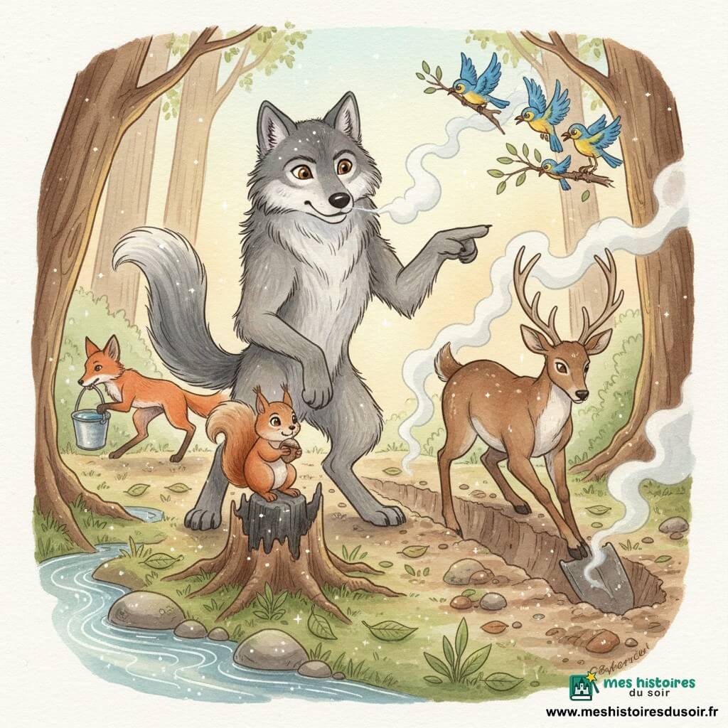 Un loup gris au pelage épais, debout sur ses pattes arrière et pointant une tranchée, organise courageusement des animaux — un écureuil roux reconnaissant tenant une noisette sur une souche, une renarde transportant un seau d'eau vers un ruisseau, un cerf aidant à creuser avec ses sabots et plusieurs oiseaux portant des branches — pour étouffer un feu naissant dans une clairière boisée au sol humide avec un ruisseau scintillant et une souche calcinée fumante.