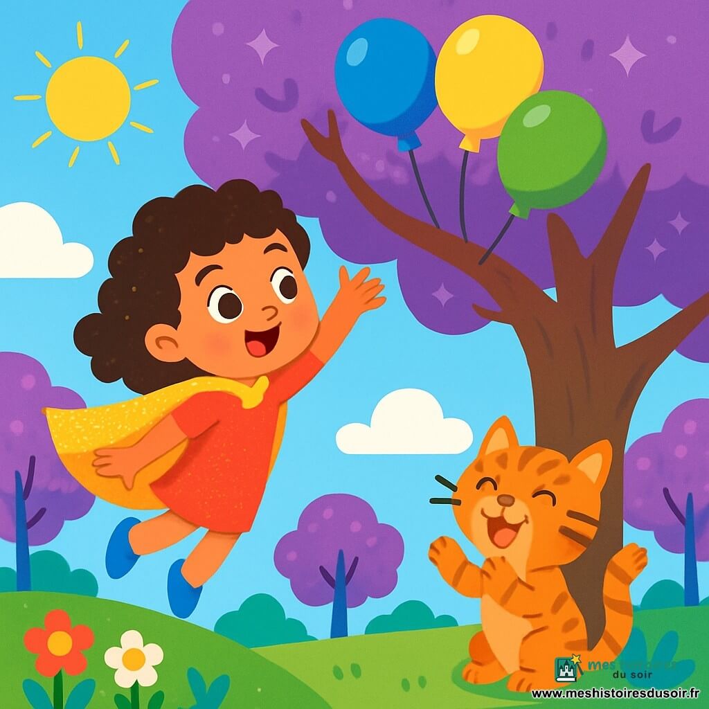 Zoé, une petite fille aux cheveux bouclés et aux yeux pétillants, porte une cape dorée qui brille sous le soleil. Elle sourit avec enthousiasme, les bras ouverts, prête à aider. À côté d'elle, Léo, un chat rayé aux yeux malicieux, observe avec curiosité les ballons coincés dans l'arbre. Le décor est un parc enchanté de Joliplanète, avec des arbres violets aux feuilles scintillantes, des fleurs colorées chantantes et un ciel bleu éclatant. Au centre, un grand arbre géant aux branches étendues où sont accrochés des ballons colorés flottant doucement au vent. La scène principale montre Zoé s'envolant vers les ballons pour les libérer, tandis que Léo applaudit en bas, admiratif.