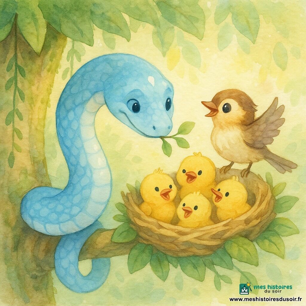 Un serpent bleu aux écailles nacrées et à petite tache blanche sur le front, souriant et enroulé autour d'une branche, tend la tête pour offrir une brindille au nid ; une petite mésange brune au ventre crème et au bec orange, perchée au bord du nid, le regarde avec gratitude en agitant une aile ; trois oisillons jaunes et duveteux, becs ouverts, sont blottis dans le nid au centre ; un grand tronc d'arbre moussu occupe la moitié gauche avec lianes et larges feuilles vert émeraude éclairées de touches dorées — scène tendre et sûre, ambiance pastel aquarelle, textures légères et contours légèrement flous.