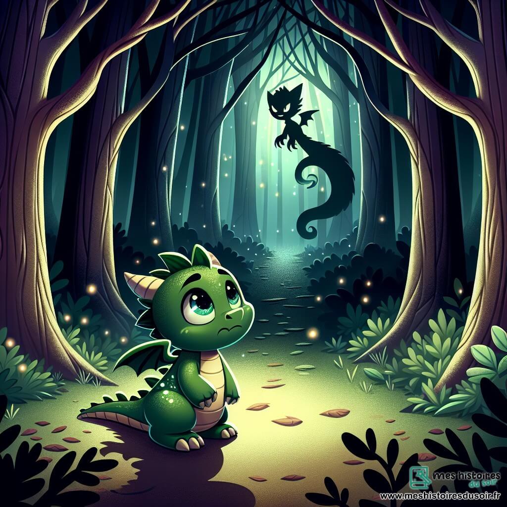 Illustration d'un jeune dragon vert aux écailles brillantes et aux yeux curieux, montrant détermination et légère appréhension, au centre d'une forêt sombre entourée d'arbres sinueux projetant des ombres inquiétantes. Une créature mystérieuse faite d'ombres flotte à proximité, avec une aura intrigante, observant le dragon avec un sourire énigmatique. La forêt est dense, la lumière de la lune filtre à travers le feuillage, créant des motifs de lumière et d'ombre sur le sol. Le dragon est prêt à affronter ses peurs dans cette forêt enchantée, avec des yeux d'araignées cachées, des murmures invisibles et des étoiles scintillantes, ajoutant une ambiance magique et légèrement effrayante.
