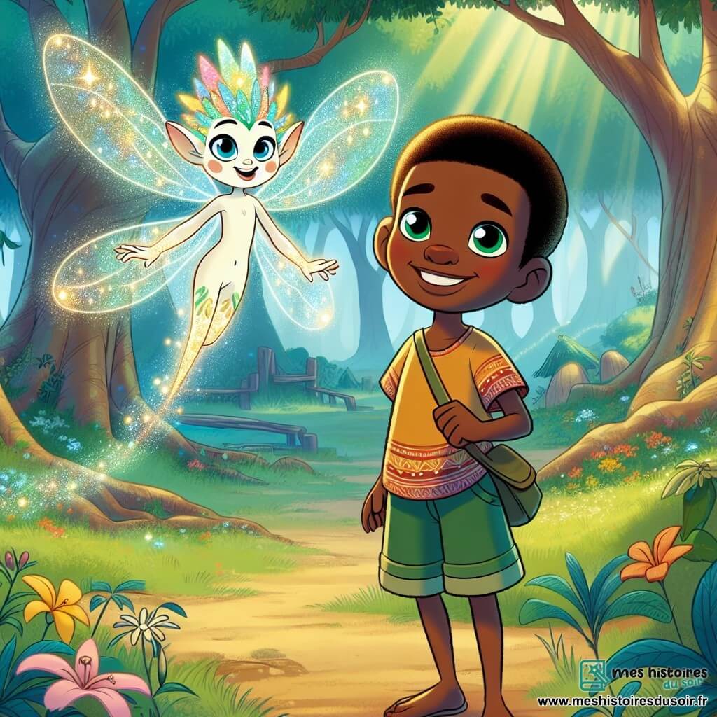 Mosi, un jeune homme africain de 15 ans, se tient au centre de la scène, avec des yeux curieux et un large sourire. Il porte un t-shirt coloré et un short léger, tenant un petit sac en bandoulière, prêt pour l'aventure. À ses côtés, Kima, un esprit de la forêt, apparaît comme une créature délicate avec des ailes scintillantes, flottant au-dessus du sol, affichant une expression bienveillante. En arrière-plan, la forêt magique s'étend avec des arbres majestueux et des feuilles vibrantes de couleurs. La scène montre Mosi et Kima s'avançant vers le Champ de l'Incertitude, un endroit mystérieux symbolisant les défis que Mosi doit surmonter pour découvrir le trésor caché de la forêt.