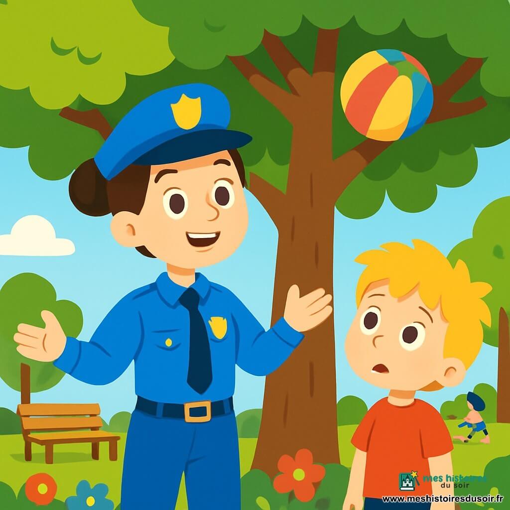 Une policière souriante, Alice, est une femme d'une trentaine d'années avec des cheveux bruns en chignon et un uniforme bleu vif. Elle se tient sous un grand arbre, les bras ouverts, prête à aider. À côté d'elle, un petit garçon nommé Léo, âgé de 6 ans, avec des cheveux blonds en bataille et un t-shirt rouge, regarde un ballon coloré coincé dans l'arbre avec espoir. Le parc est ensoleillé, avec des fleurs éclatantes, des bancs en bois et des enfants jouant au loin. Alice et Léo se concentrent sur le ballon flottant dans les branches, tandis qu'Alice sourit, prête à trouver une solution pour le récupérer.