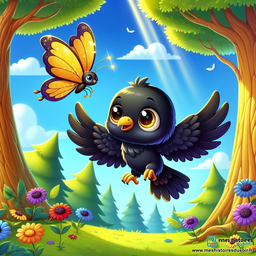 Un corbeau aux plumes noires brillantes et aux yeux joyeux s'envole dans le ciel bleu, déterminé et heureux, ses ailes capturant la lumière du soleil. À ses côtés, un papillon doré aux ailes scintillantes danse dans l'air, invitant le corbeau à jouer. La scène se déroule dans une forêt enchantée, où de grands arbres se dressent et des fleurs colorées ajoutent des touches vives au tableau. Coco le corbeau vole haut, jouant avec son ami le papillon tout en explorant la beauté de la forêt.