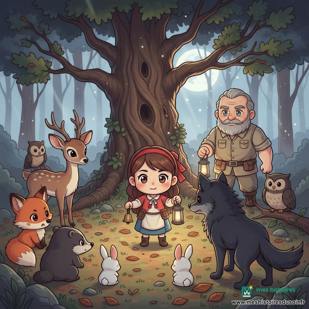 Lina, 12 ans, tachetée de rousseur, cheveux bruns attachés d’un ruban rouge, tient une clochette brillante et une lanterne au centre d’une clairière, expression déterminée et tremblante ; derrière elle, un garde-forestier d’environ 60 ans, grand et barbu, veille avec une lanterne ; en demi-cercle autour d’elle, une biche, un renard roux, deux petits lapins blancs, un blaireau sombre et une chouette sur une branche regardent solidaires et inquiets tandis qu’un grand loup noir recule à la lisière ; décor : grand chêne noueux, tapis de feuilles rousses, mousse, pierres, léger brouillard et rayons de lune, ambiance chibi kawaii aux couleurs chaudes pour les personnages et tons bleuâtres pour l’arrière-plan.