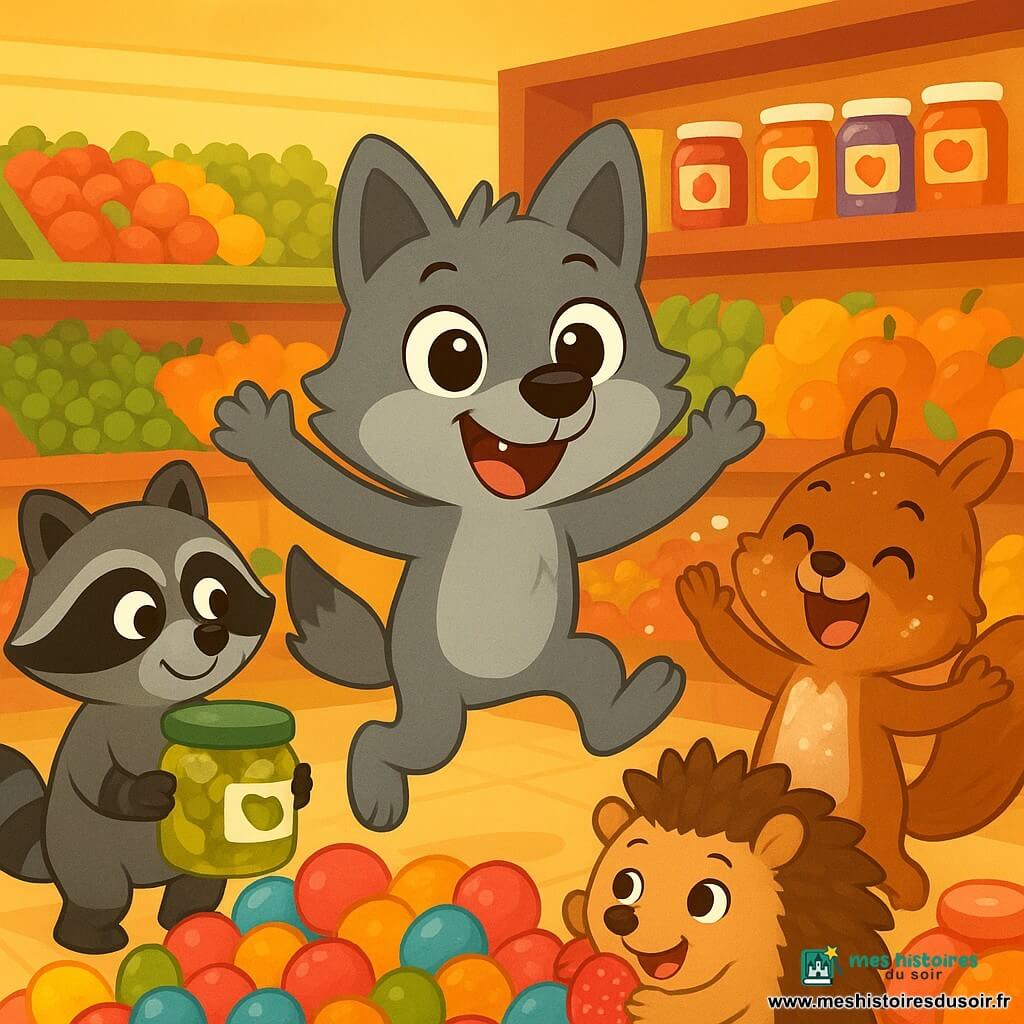 Un petit loup gris nommé Loupi, avec de grands yeux malicieux et un sourire éclatant, se tient au centre d'une épicerie, entouré de pots de confiture et de fruits colorés. Il saute de joie, les pattes levées, avec une expression d'excitation. À sa droite, Biscotte l'écureuil, mignon avec sa fourrure brune et sa queue touffue, est couvert de farine, riant aux éclats. À gauche, Ronchon le raton laveur, avec son masque noir, tient un pot de cornichons, perplexe mais amusé. Minus, le petit hérisson, est caché sous des bonbons, la bouche pleine de fraises tagada, surpris et souriant. L'épicerie est colorée, remplie de fruits, légumes et bonbons, avec une atmosphère joyeuse. Loupi et ses amis préparent un goûter, riant et jouant ensemble, illustrant une belle amitié pleine de complicité.