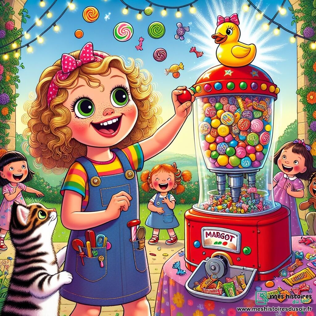 Margot, une jeune femme pétillante aux cheveux bouclés, porte une salopette colorée pleine d'outils. Elle sourit en appuyant sur un bouton rouge de sa machine à bonbons, tandis que des bonbons colorés volent autour d'elle. À ses côtés, Biscuit, son petit chat tigré, observe un bonbon en forme de canard qui vient de tomber. Un groupe d'enfants de 6 à 10 ans les entoure, émerveillés et riant, certains tendant les bras pour attraper les bonbons. La scène se déroule dans le jardin de Margot, rempli de fleurs et de jouets, avec une machine à bonbons ornée de lumières clignotantes en arrière-plan, créant une atmosphère magique et ludique.