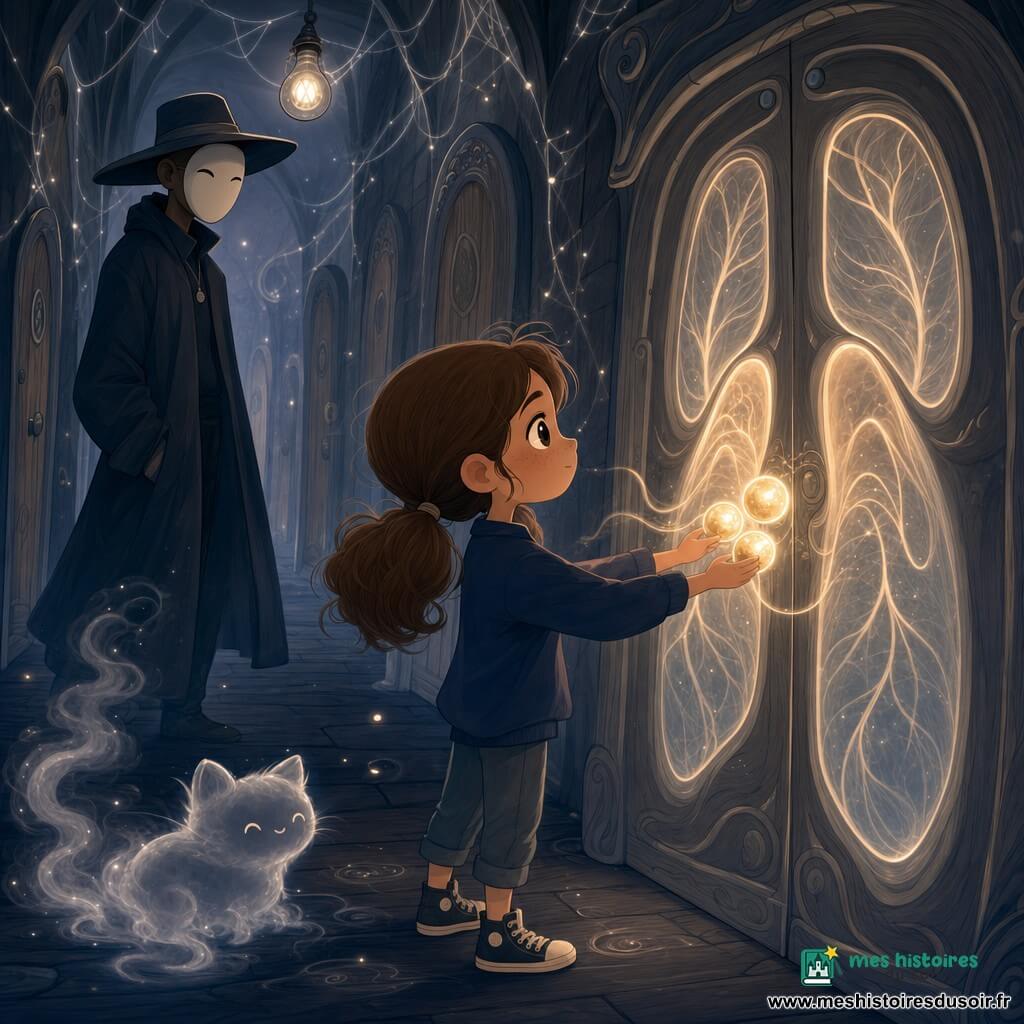 Lila, 10 ans, anxieuse mais courageuse, visage rond, taches de rousseur, cheveux châtain en deux couettes et grands yeux brillants, tient devant elle trois petites boules lumineuses flottantes, paumes ouvertes et posture décidée ; derrière elle, le Gardien des Sursauts, grand et mince d’une cinquantaine d’années, vêtu d’un long manteau sombre et d’un chapeau large, le visage caché par un masque pâle, l’observe en retrait, bras croisés, bienveillant ; un chat de fumée noir et vaporeux, sans yeux mais au sourire flou, se pelotonne à ses pieds ; le lieu est un couloir étroit et onirique aux planches de bois noires, murs couverts de fils de lumière argentés et portes anciennes à étiquettes manuscrites, sol qui chuchote et ampoule suspendue clignotante ; Lila appuie les trois boules contre une grande porte en bois qui « respire », le bois ondulant comme des poumons ; ambiance légèrement effrayante mais chaleureuse, contrastes doux et palette de bleus nuit, gris ardoise et touches dorées, composition centrée sur la rencontre entre Lila et la porte avec des expressions rassurantes.