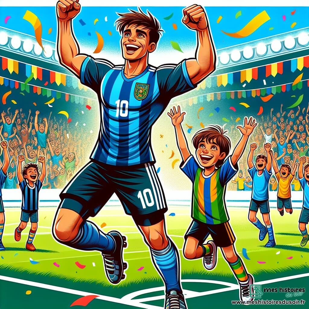 Maxime Lefort, un homme athlétique d'une trentaine d'années, célèbre un but sur le terrain de football, les bras levés et un large sourire. Il porte un maillot bleu avec le numéro 10, des shorts noirs et des chaussures de foot, avec des gouttes de sueur sur le front. À ses côtés, Lucas, un garçon de dix ans aux cheveux châtains, saute de joie avec un t-shirt de son équipe favorite, entouré de ses amis souriants en maillots colorés. Le stade est vibrant, rempli de supporters joyeux brandissant des drapeaux et des bannières, tandis que des confettis flottent dans l'air. L'ambiance festive et euphorique souligne la joie et l'esprit d'équipe.