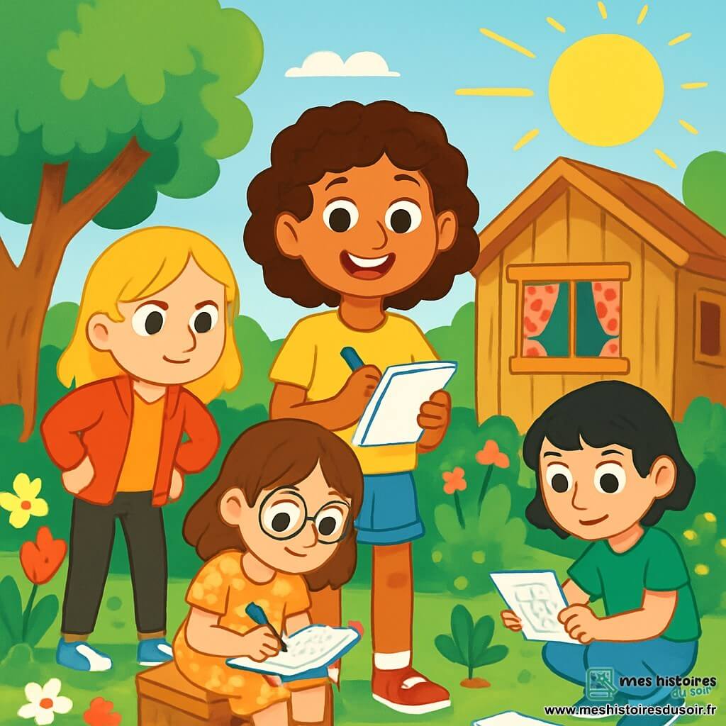 Quatre enfants sont présents : Zoé, 9 ans, avec des cheveux bouclés et bruns, porte un t-shirt jaune et un short en jean, elle est debout au centre avec un carnet et un stylo, souriante. Emma, 9 ans, a des cheveux raides et blonds, elle est légèrement en avant avec une veste rouge et un pantalon noir, les mains sur les hanches, affichant une expression déterminée. Lila, 9 ans, avec des cheveux châtains et des lunettes rondes, est assise sur une caisse en bois, écrivant dans un carnet ouvert sur ses genoux. Jade, 9 ans, a des cheveux courts et noirs, accroupie à côté d'une plante, dessine un plan sur une feuille. La scène se déroule dans le jardin de Zoé, rempli de fleurs et d'arbres, avec une cabane en bois au fond. Les quatre amies enquêtent pour retrouver le collier de Mme Duval, concentrées et entourées de jouets et de feuilles, montrant curiosité et excitation.